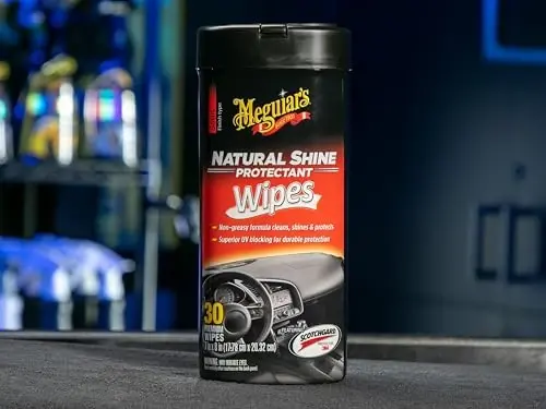 Meguiar's Natural Shine Protectant Wipes - 30 To'liq O'lchamli Avtomobil Parvarishlash Salfetkalari Vinil, Rezina va Plastmassa Yuzalarni Tozalaydi va Himoya Qiladi - UV Himoyasi bilan Chiziqsiz Salfetkalar va Saten, Yog'siz Yorqinlikni Qoldiradi - 4