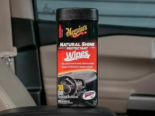 Meguiar's Natural Shine Protectant Wipes - 30 To'liq O'lchamli Avtomobil Parvarishlash Salfetkalari Vinil, Rezina va Plastmassa Yuzalarni Tozalaydi va Himoya Qiladi - UV Himoyasi bilan Chiziqsiz Salfetkalar va Saten, Yog'siz Yorqinlikni Qoldiradi - 3