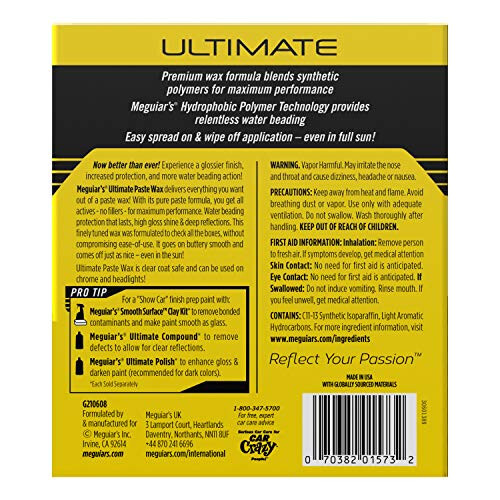 Meguiar's Ultimate Paste Wax - Premium Car Wax for a Deep, Reflective Shine Gloss with Long-Lasting Protection - Easy to Apply and Remove, Microfiber Towel and Applicator Included, 8 Oz Paste - 3