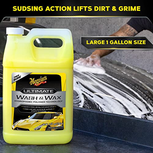 Meguiar's Ultimate Wash and Wax, Avtomobilni yuvish va mum, Bir qadamda tozalaydi va porlaydi, Yuvish, porlash va yaxshilangan pH neytral avtomobil bo'yoq tozalagichi bilan himoya qilish, 1 gallon - 3