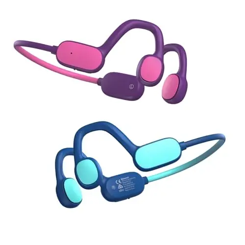 Mehomeli 2 Pack Kids Headphones, Bluetooth 5.2 Air Conduction Open Ear Headphones, 85dB Volume Limiting, Stereo Sound with Mic, IPX5 Waterproof, 20H Playtime-Blue Purple - MEHOMELI