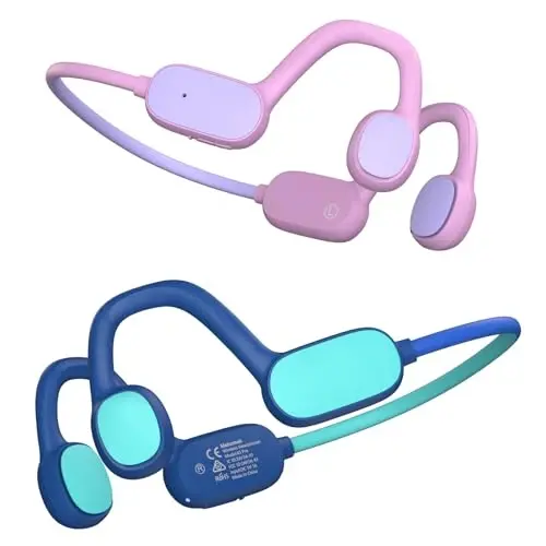 Mehomeli Kids Headphones, Bluetooth 5.2 Air Conduction Open Ear Headphones, 85dB Volume Limiting, Blue Pink 