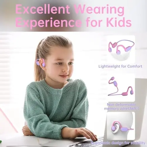 Mehomeli Kids Eshitish vositalari, Bluetooth 5.2 Air Conduction Ochiq quloqli eshitish vositalari, 85dB ovoz balandligini cheklash, mikrofonli stereo ovoz, IPX5 suv o'tkazmaydigan, 20 soatlik ijro vaqti, maktab va tashqi makon uchun juda mos - Pushti - 3