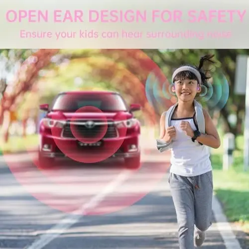 Mehomeli Kids Eshitish vositalari, Bluetooth 5.2 Air Conduction Ochiq quloqli eshitish vositalari, 85dB ovoz balandligini cheklash, mikrofonli stereo ovoz, IPX5 suv o'tkazmaydigan, 20 soatlik ijro vaqti, maktab va tashqi makon uchun juda mos - Pushti - 4