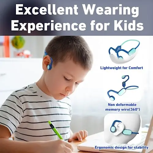 Mehomeli Kids Eshitish vositalari, Bluetooth 5.2 havo o'tkazuvchanlik ochiq quloqli eshitish vositalari, 85dB ovoz balandligini cheklash, mikrafonli stereo ovoz, IPX5 suv o'tkazmaydigan, 20 soatlik ijro etish vaqti, maktab va ochiq havoda mashg'ulotlar uchun juda mos - ko'k - 3
