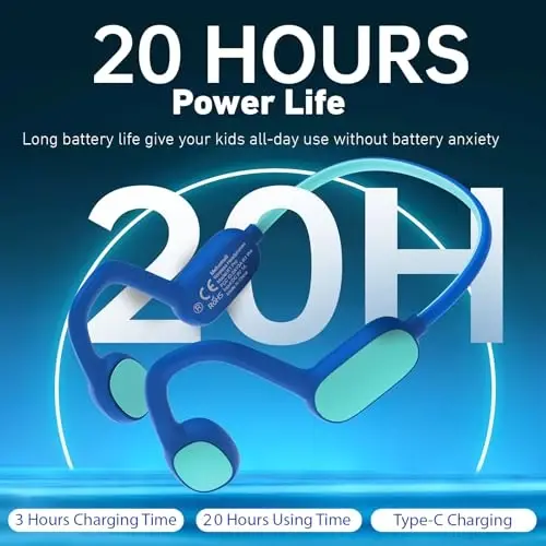 Mehomeli Kids Eshitish vositalari, Bluetooth 5.2 havo o'tkazuvchanlik ochiq quloqli eshitish vositalari, 85dB ovoz balandligini cheklash, mikrafonli stereo ovoz, IPX5 suv o'tkazmaydigan, 20 soatlik ijro etish vaqti, maktab va ochiq havoda mashg'ulotlar uchun juda mos - ko'k - 6