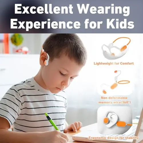 Mehomeli Kids Eshitish vositasi, Bluetooth 5.2 Air Conduction Ochiq quloqli eshitish vositasi, 85dB ovoz balandligini cheklash, mikrofonli stereo ovoz, IPX5 suv o'tkazmaydigan, 20 soatlik o'yin vaqti, maktab va ochiq havoda mashg'ulotlar uchun ideal-oq - 3