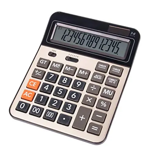 Meichoon Solar Battery Calculator Dual Power Large Standard Function Desktop Business Calculator with 14 Digit Large LCD Display Convenient for Office & Home KA06 Gold - MEICHOON