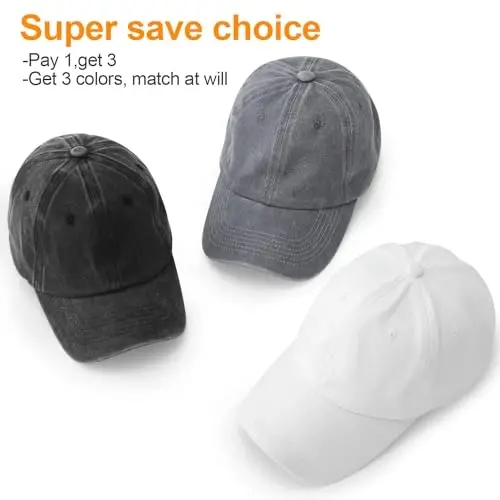 MEINICY 3 Pack Washed Plain Baseball Cap, Retro Adjustable Dad Hats Gift for Men/Women,Unstructured/Cotton - 2