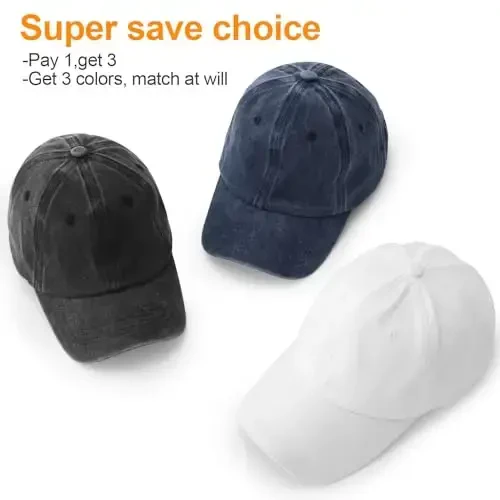 MEINICY 3 Pack Washed Plain Baseball Cap, Retro Adjustable Dad Hats Gift for Men/Women,Unstructured/Cotton - MEINICY (1)
