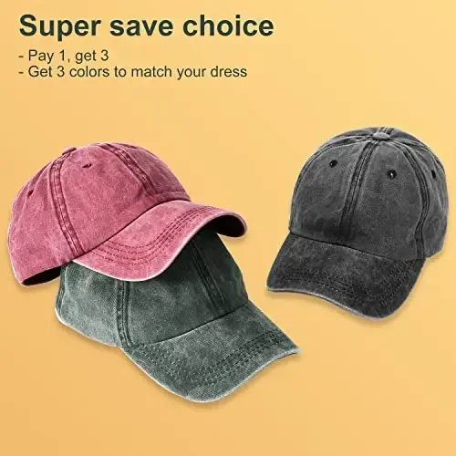 MEINICY 3 Pack Washed Plain Baseball Cap, Retro Adjustable Dad Hats Gift for Men/Women,Unstructured/Cotton - MEINICY (1)