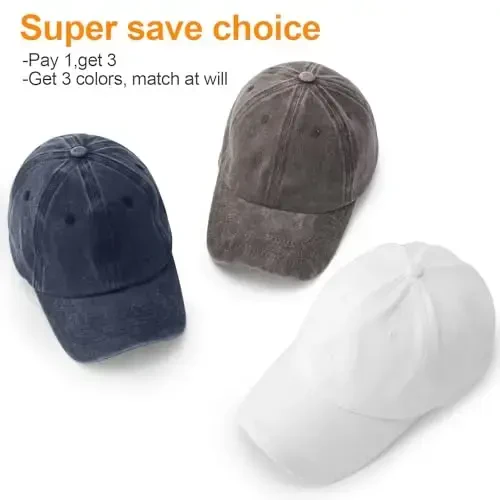 MEINICY 3 Pack Washed Plain Baseball Cap, Retro Adjustable Dad Hats Gift for Men/Women,Unstructured/Cotton - MEINICY (1)