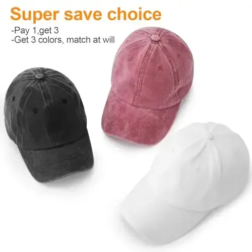 MEINICY 3 Pack Washed Plain Baseball Cap, Retro Adjustable Dad Hats Gift for Men/Women,Unstructured/Cotton - MEINICY (1)
