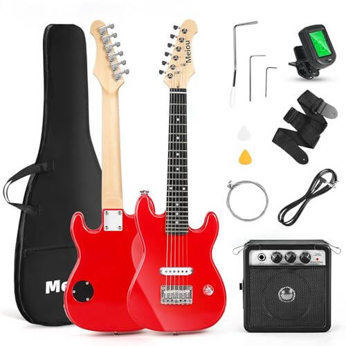 Meiou 30 Inch Kids Electric Guitar Beginner Kits ST Style Mini Electric Guitar withAmp,Bag,Tuner, Picks, Cable, Strap, Strings (Red) - 1
