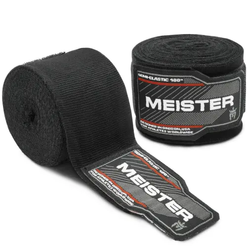 Meister Semi-Elastic Black Cotton MMA Hand Wraps with Thumb Loop, 180