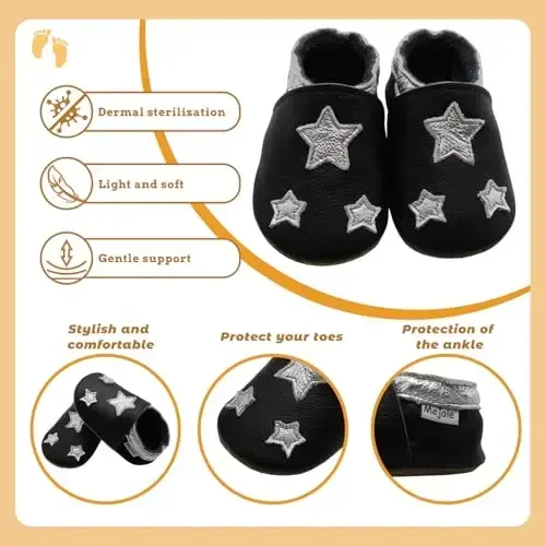 Mejale Baby Shoes Soft Sole Leather Crawling Moccasins Cartoon Stars Infant Toddler First Walker Slippers - 4
