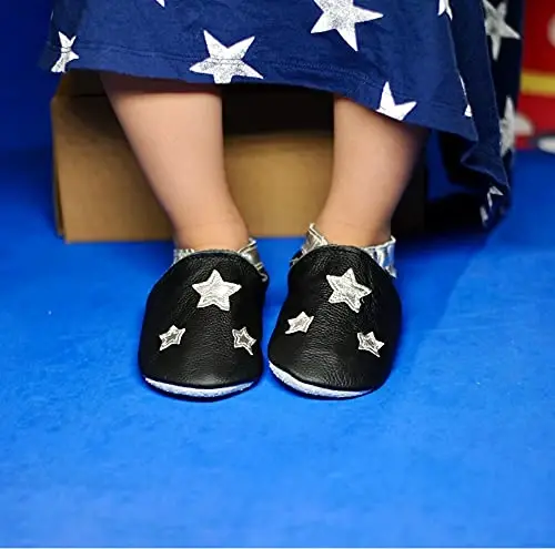 Mejale Baby Shoes Soft Sole Leather Crawling Moccasins Cartoon Stars Infant Toddler First Walker Slippers - 2