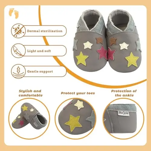 Mejale Baby Shoes Soft Sole Leather Crawling Moccasins Cartoon Stars Infant Toddler First Walker Slippers - 4