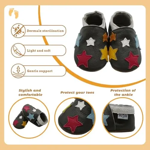 Mejale Baby Shoes Soft Sole Leather Crawling Moccasins Cartoon Stars Infant Toddler First Walker Slippers - 4