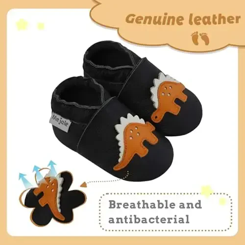 Mejale Baby Soft Sole Shoes Boy Girl Infant Toddler Moccasins Crawling Leather Walking Black Dinosaur Slippers,0-6 Months,S - 2