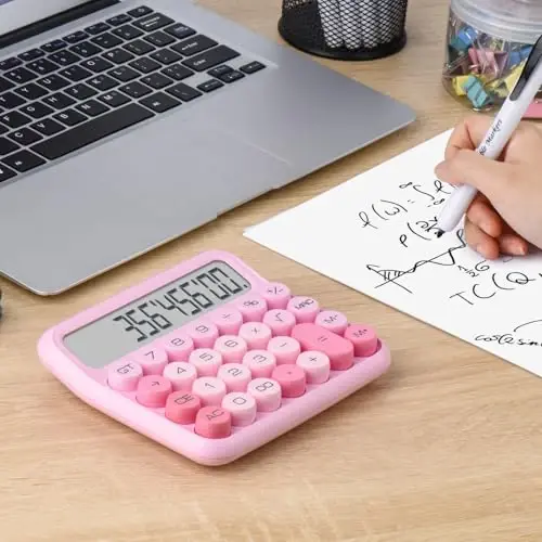 Mechanical Switch 12-Digit Pink Calculator - Large LCD Display, Big Buttons, Desktop, Cute, For Everyday Use - 4