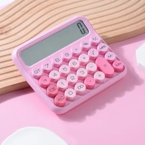 Mechanical Switch 12-Digit Pink Calculator - Large LCD Display, Big Buttons, Desktop, Cute, For Everyday Use - 6