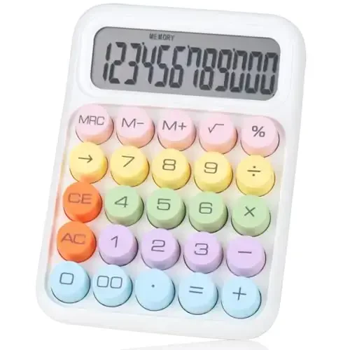 Mechanical Pushbutton Calculator,12 Digit Large LCD Display,Big Buttons Easy to Press,Colorful Candy Calculator,Automatic Sleep,with Battery.for Office,School, Home. (White) 