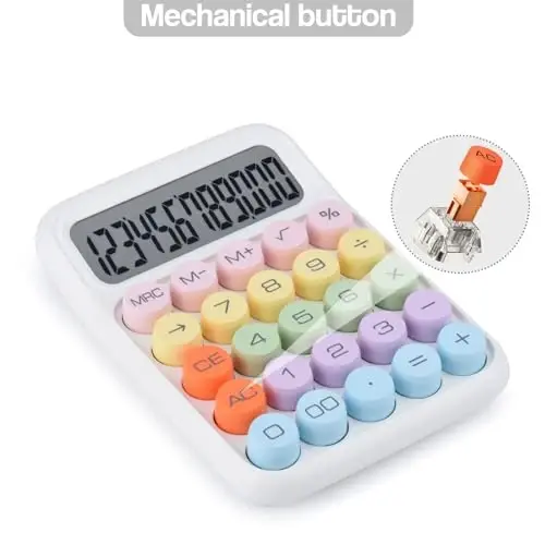 Mechanical Pushbutton Calculator,12 Digit Large LCD Display,Big Buttons Easy to Press,Colorful Candy Calculator,Automatic Sleep,with Battery.for Office,School, Home. (White) - 2