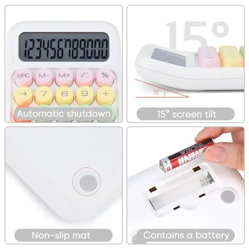 Mechanical Pushbutton Calculator,12 Digit Large LCD Display,Big Buttons Easy to Press,Colorful Candy Calculator,Automatic Sleep,with Battery.for Office,School, Home. (White) - 4