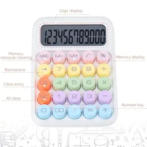 Mechanical Pushbutton Calculator,12 Digit Large LCD Display,Big Buttons Easy to Press,Colorful Candy Calculator,Automatic Sleep,with Battery.for Office,School, Home. (White) - 5