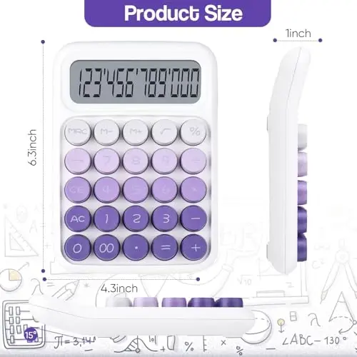 Mechanical Pushbutton Calculator,12 Digit Large LCD Display,Big Buttons Easy to Press,Colorful Candy Calculator,Automatic Sleep,with Battery.for Office,School, Home. (Violet) - 3