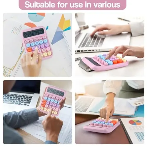 Mechanical Pushbutton Calculator,12 Digit Large LCD Display,Big Buttons Easy to Press,Colorful Candy Calculator,Automatic Sleep,with Battery.for Office,School, Home. (Pink) - 5