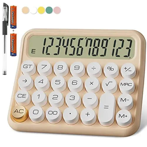 Mechanical Calculator 12 Digit Extra Large 5-Inch LCD Display, DECKLIT Battery Desk Calculator, Big Buttons Easy to Press Use as Office Calculators Desktop, 15°Tilt Screen for Kids Calculator(Cream) - DECKLIT
