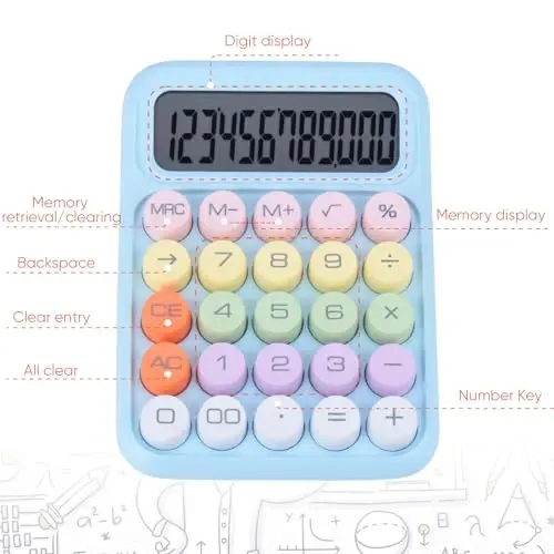 Mechanical Pushbutton Calculator,12 Digit Large LCD Display,Big Buttons Easy to Press,Colorful Candy Calculator,Automatic Sleep,with Battery.for Office,School, Home. (Blue) - 5