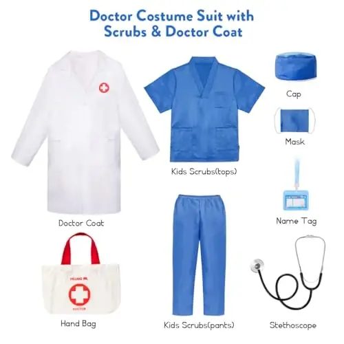 Meland Doctor Costume for Girls - Kids Scrubs with Lab Coat & Carry Bag, Doctor Dress Up for Halloween, Career Day Role Play - 6