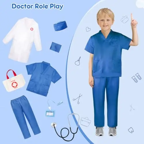 Meland Doctor Costume for Girls - Kids Scrubs with Lab Coat & Carry Bag, Doctor Dress Up for Halloween, Career Day Role Play - 4