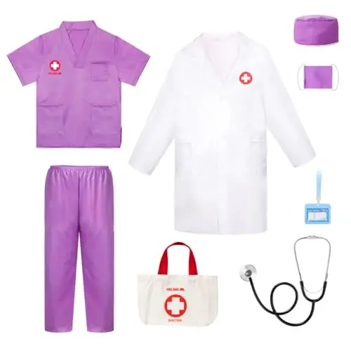 Meland Doctor Costume for Girls - Kids Scrubs with Lab Coat & Carry Bag, Doctor Dress Up for Halloween, Career Day Role Play - 1