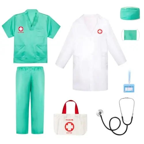 Meland Doctor Costume for Girls - Kids Scrubs with Lab Coat & Carry Bag, Doctor Dress Up for Halloween, Career Day Role Play - 1