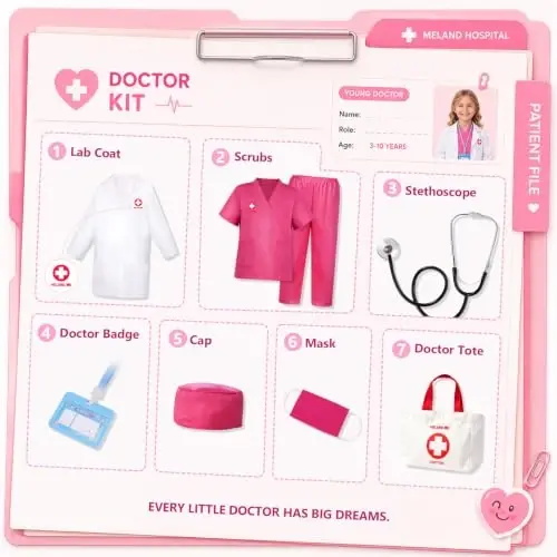 Meland Doctor Costume for Kids 3-10, Kids Pretend Play Doctor Dress Up with Medical Toys, Career Exploration Role Play Toy - 5