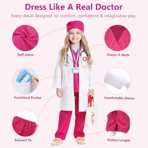 Meland Doctor Costume for Kids 3-10, Kids Pretend Play Doctor Dress Up with Medical Toys, Career Exploration Role Play Toy 