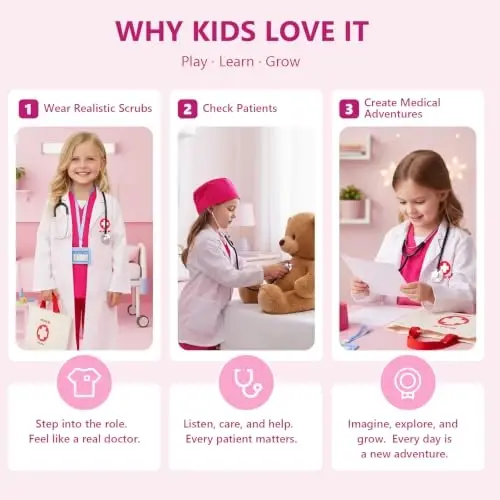 Meland Doctor Costume for Kids 3-10, Kids Pretend Play Doctor Dress Up with Medical Toys, Career Exploration Role Play Toy - 3