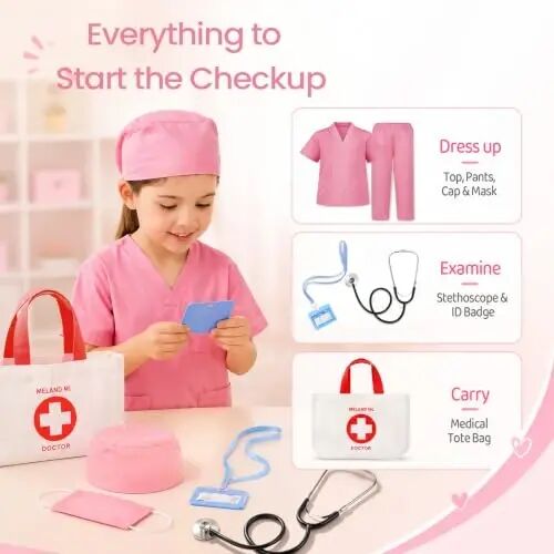 Meland Doctor Costume for Kids 3-10, Pretend Play Career Dress Up with Bag | Career exploration gift for boys girls Halloween, birthday, every day dress up, confortable for active kids - 4