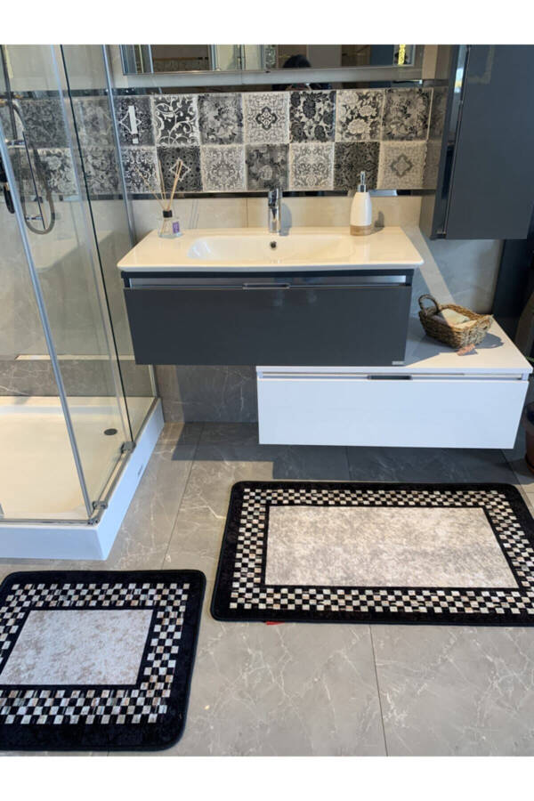 Melany Checkered 2-Piece Latex Base Bath Mat Set (60X50 - 60X100) - 3