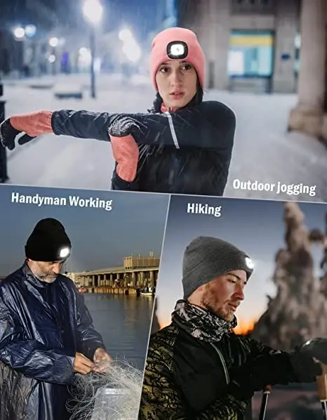 MELASA Unisex Hat with Light, USB Rechargeable Hands Free Headlamp LED Beanie, Winter Gifts for Men Dad Father Husband Him - 3