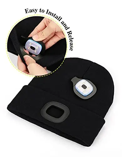 MELASA Unisex Hat with Light, USB Rechargeable Hands Free Headlamp LED Beanie, Winter Gifts for Men Dad Father Husband Him - 3