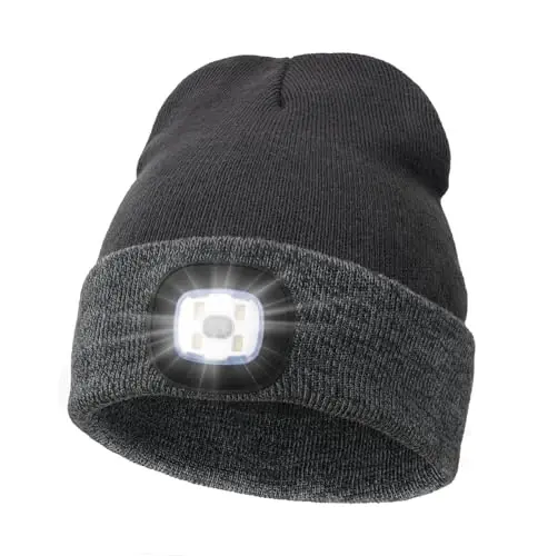 MELASA Unisex Beanie with The Light Hands Free Winter Beanie Gifts for Men | USB Rechargeable Warm Hat with Light, Soft LED Beanie for Walking the Dog Working Outdoors in Dark, Gifts for Men Dad Father 