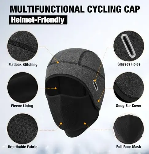 MELASA Thermal Skull Cap Helmet Liner Hat with Face Cover, Balaclava Face Mask with Glasses Holes for Cycling Motorcycle - 5