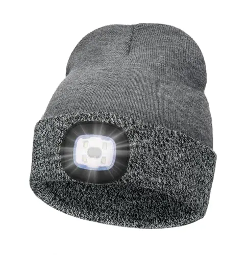 MELASA Unisex Beanie with The Light Hands Free Winter Beanie Gifts for Men | USB Rechargeable Warm Hat with Light, Soft LED Beanie for Walking the Dog Working Outdoors in Dark, Gifts for Men Dad Father 