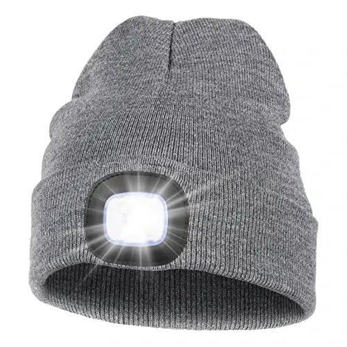 MELASA Unisex Hat with Light, USB Rechargeable Hands Free Headlamp LED Beanie, Winter Gifts for Men Dad Father Husband Him 