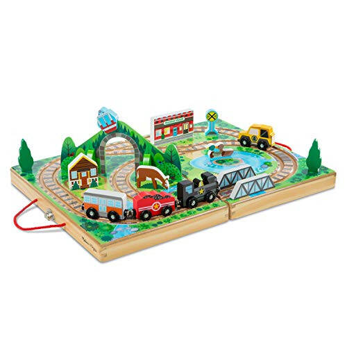 Melissa & Doug 17-Piece Wooden Take-Along Tabletop Railroad, 3 Trains, Truck, Play Pieces, Bridge - FSC Certified - 31